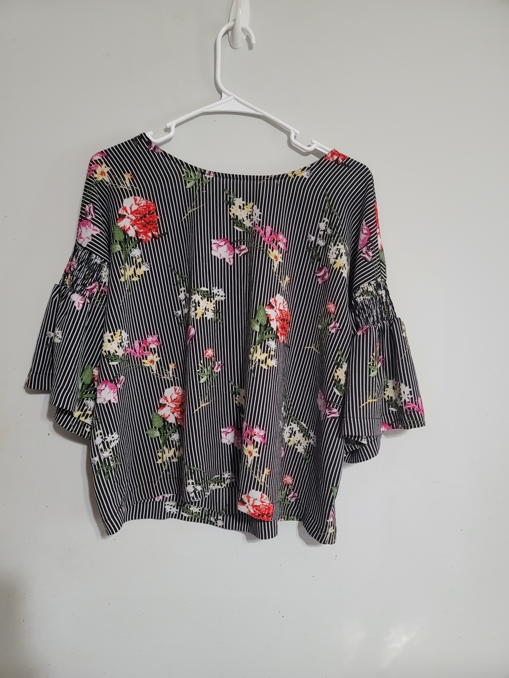 Striped Floral Bell-Sleeve Blouse Black White Pink & Red Flowers Floral M Top